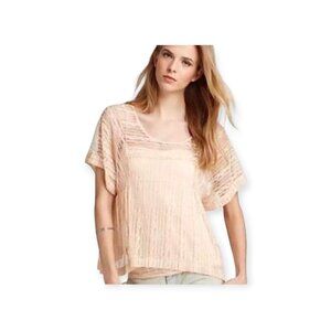 Free People Peach Tea Sheer Lace Boxy Peasant Blouse Small Boho Layering Summer